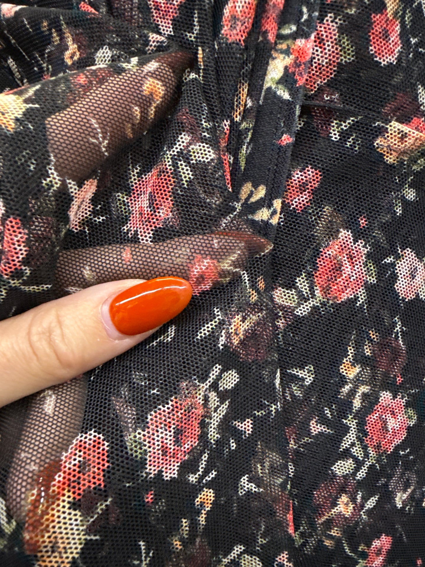 Black Red Green White Rose Floral Print Micro Mesh Stretch Knit "Blooming Rose"