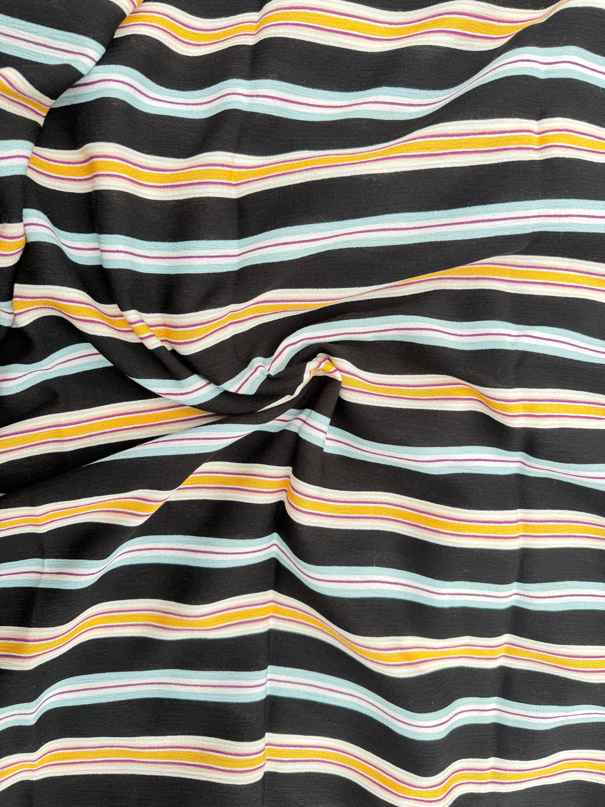 Black Aqua Yellow Stripe Rayon Crepe Woven "Baja Shop"