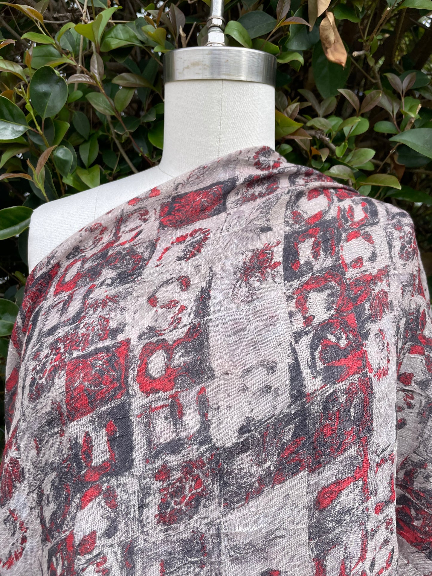 Red Grey Abstract Sheer Gauze Rayon "Grey Says and Red Shoes"