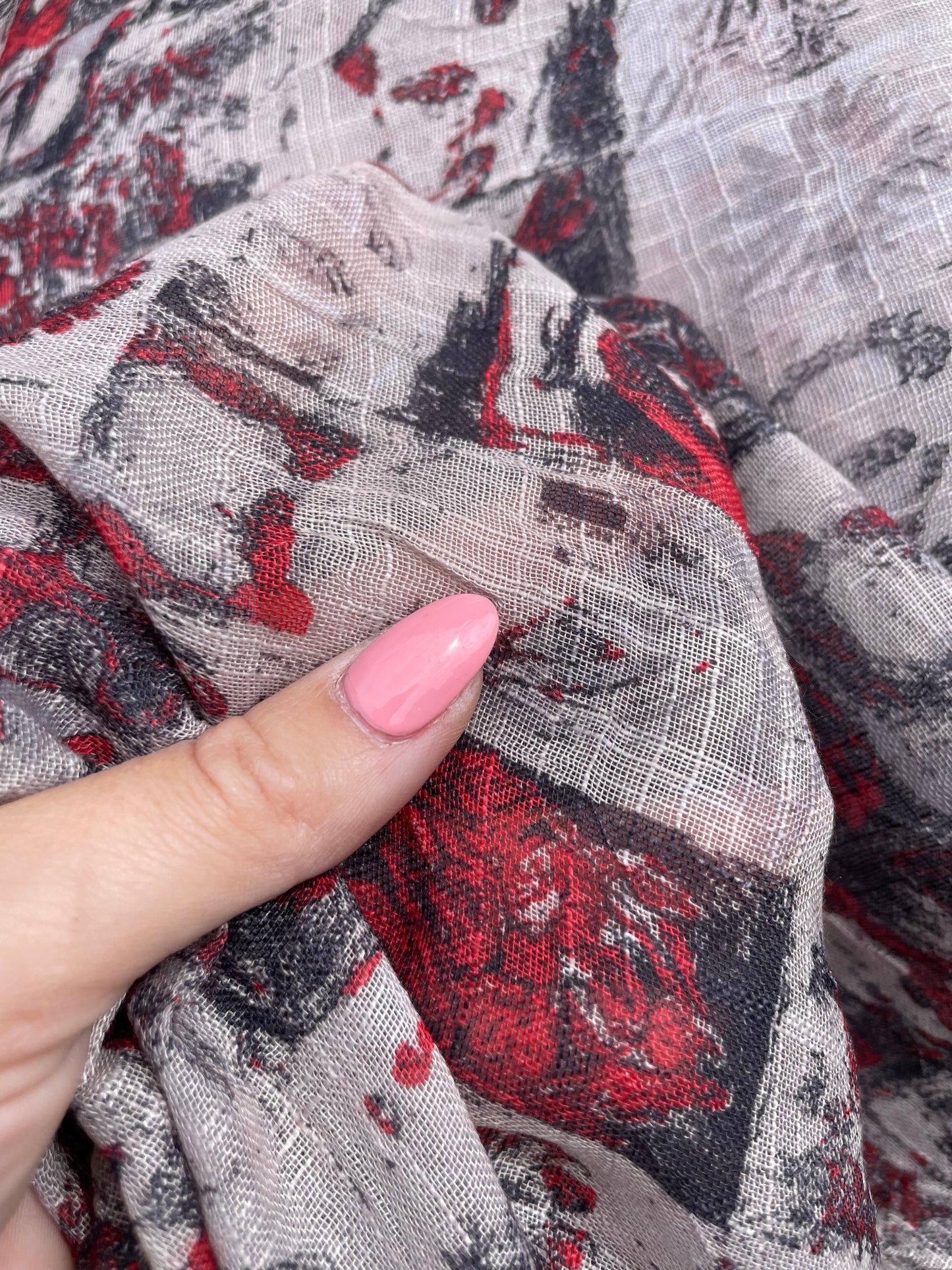 Red Grey Abstract Sheer Gauze Rayon "Grey Says and Red Shoes"