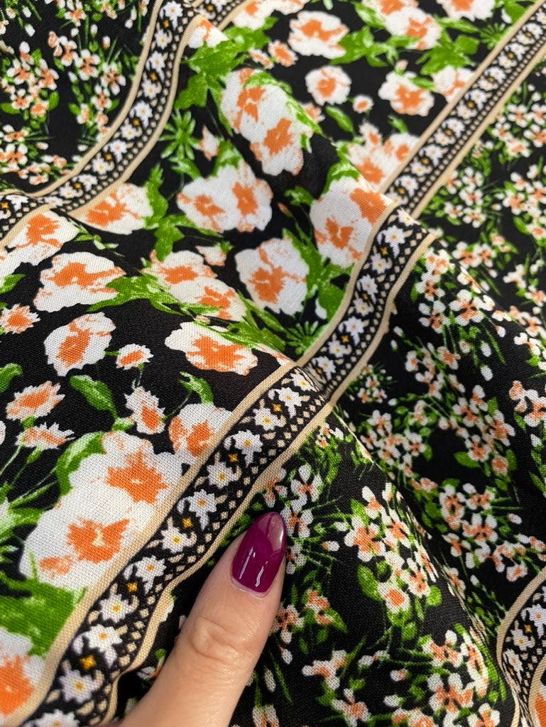 Black White Green Stripe Floral Vertical Stripe Boho Rayon Challis Woven "Seville Spring"