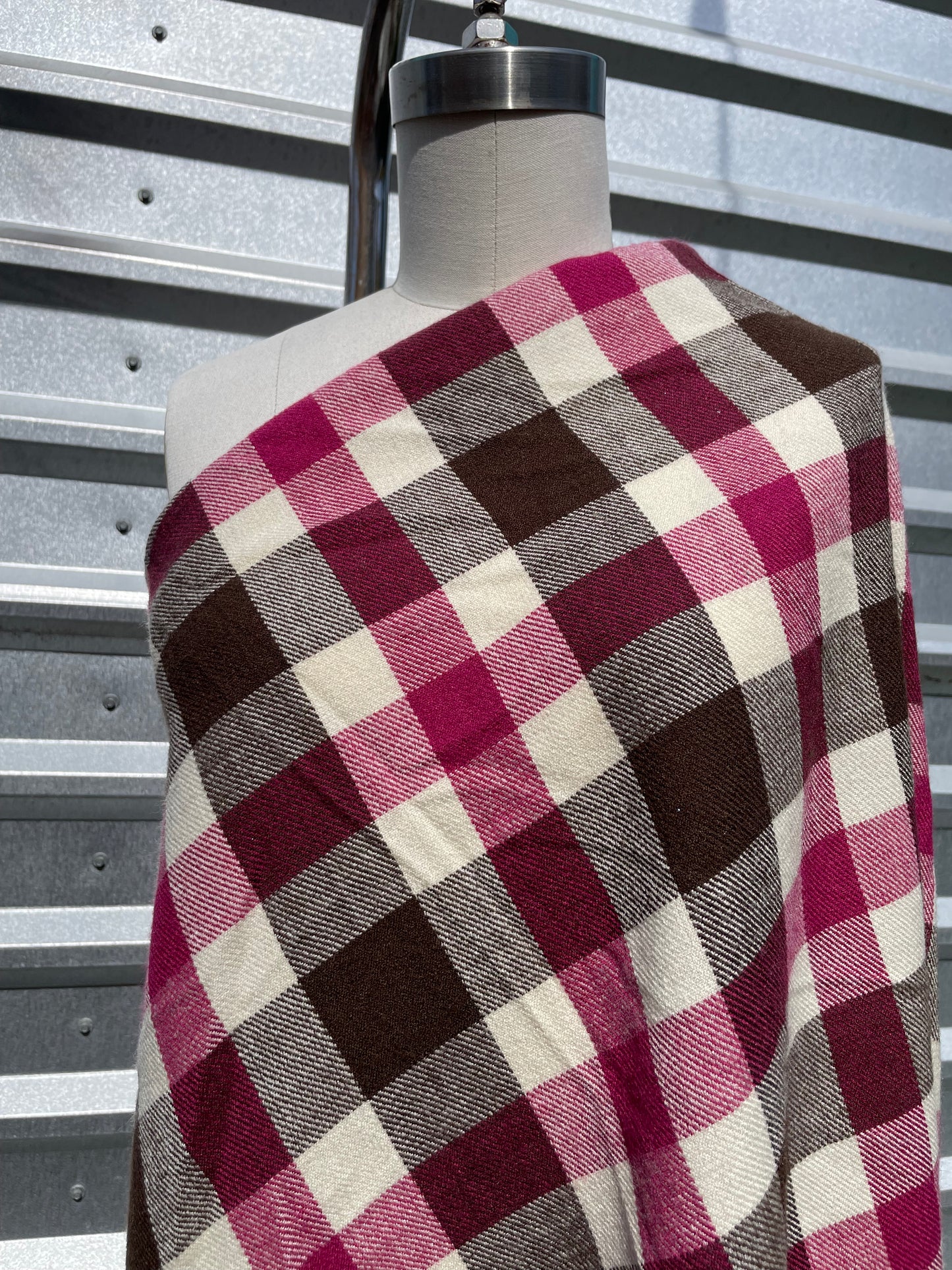 Raspberry Cream Brown Plaid Wool Polyester Flannel "Rudy Raspberry"