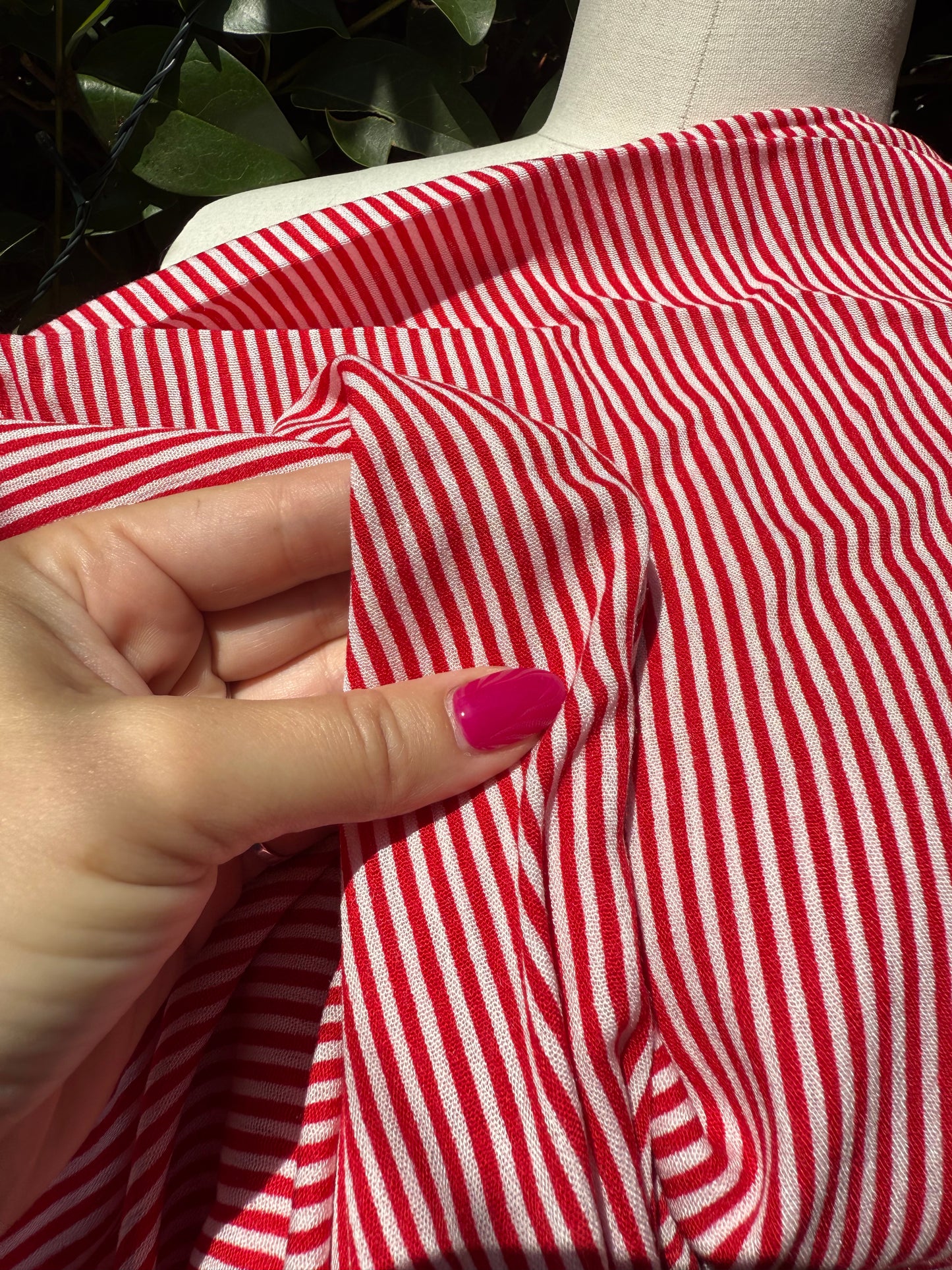 Red White Vertical Stripe Rayon Crepe Woven "Peppermint Stripe"