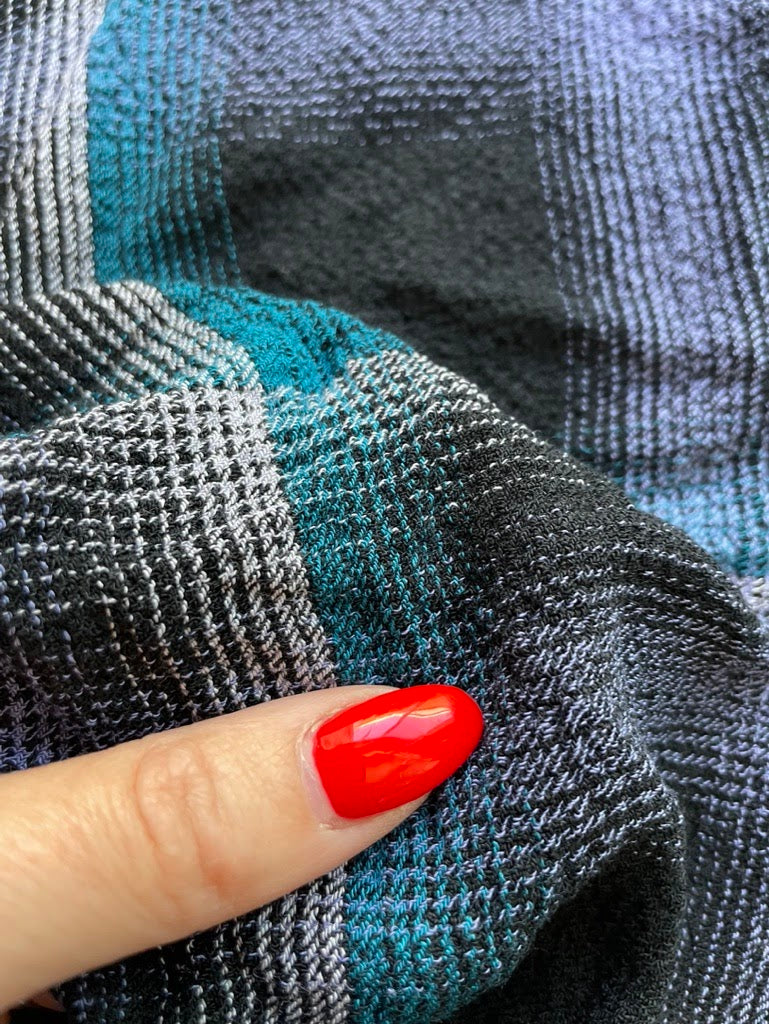 Blue White Black Plaid Rayon Texture Crepe Woven "Threadbare Plaid"