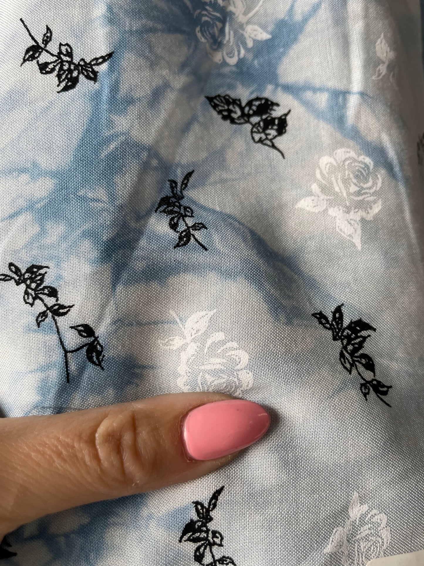 Blue White Black Floral Tie-dye Rayon Challis Woven "Icy Nightblooms"