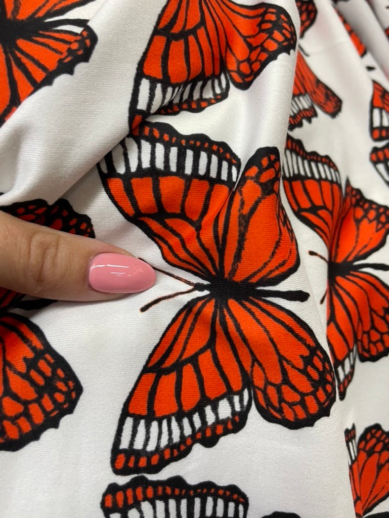 White Black Orange Butterfly Insect Stretch Polyester Spandex Jersey Knit "Flight of the Monarchs"
