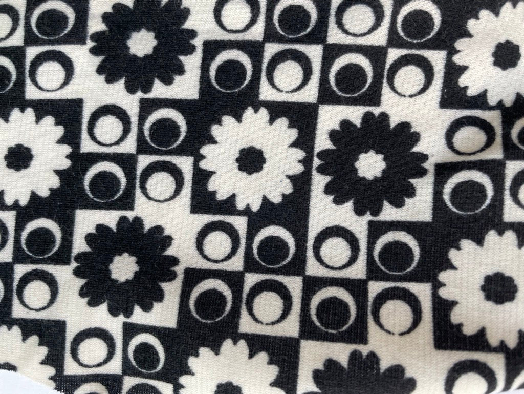 Black White Floral Geometric Polyester Spandex Ponte Knit "OP ART Daisy"