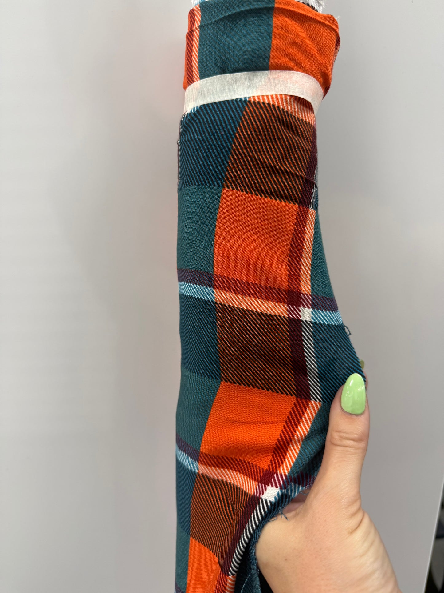 Orange Teal Plaid Rayon Challis 7 yards