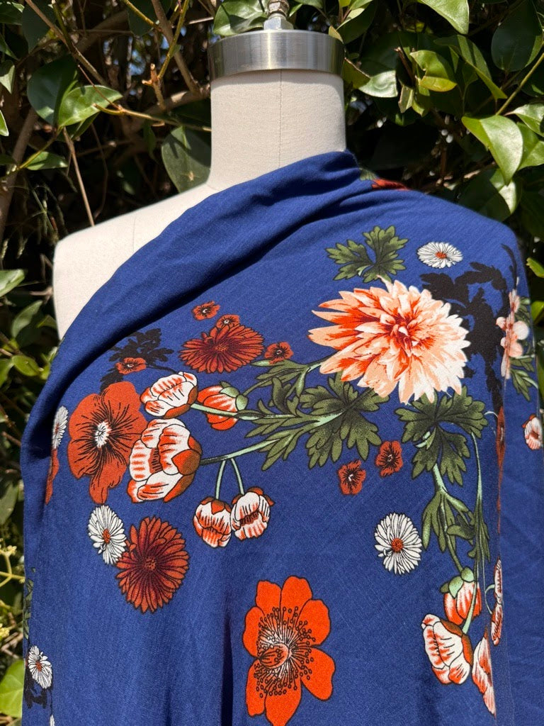 Blue Red Pink White Green Floral Textured Rayon Challis Woven "Dahlia's Resort"