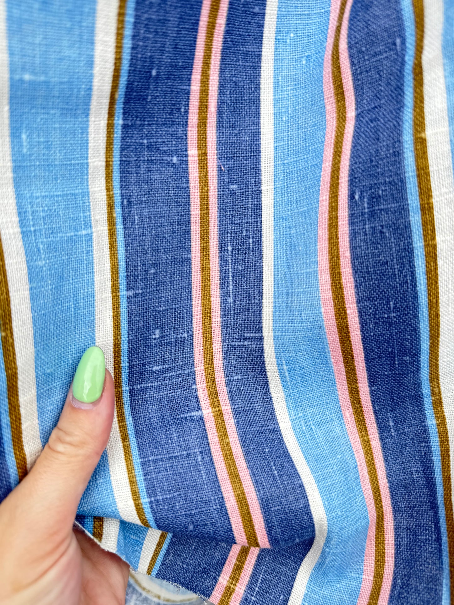 Blue White Olive Pink Print Vertical Stripe Linen “Madison”