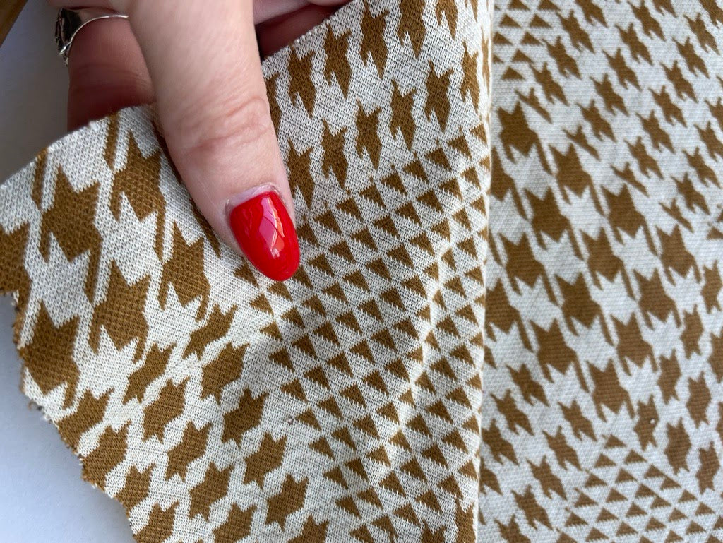 White Brown Multi Size Houndstooth Design Print Polyester Spandex Ponte Knit "Hidden Houndstooth"