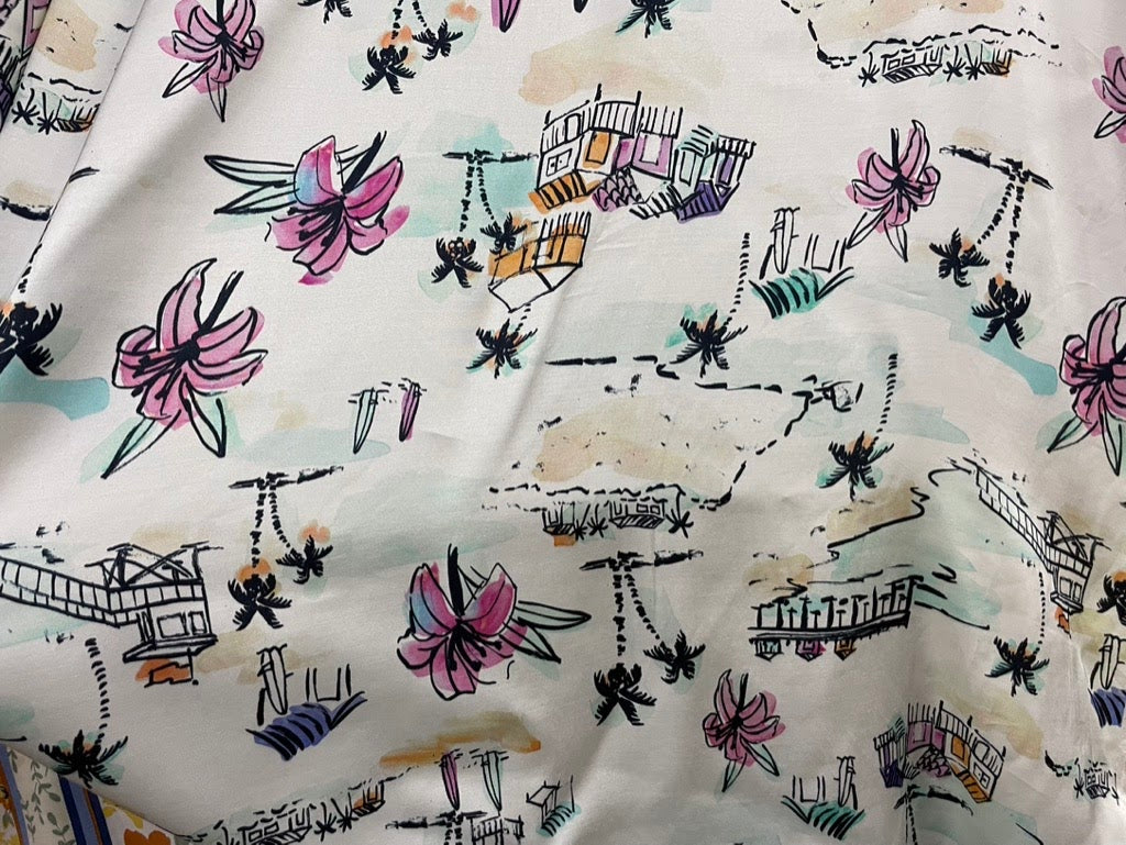 Black Orange Blue Pink Purple Ivory Tan Floral Beach Palm Tree Rayon Satin Woven "Island Breeze"
