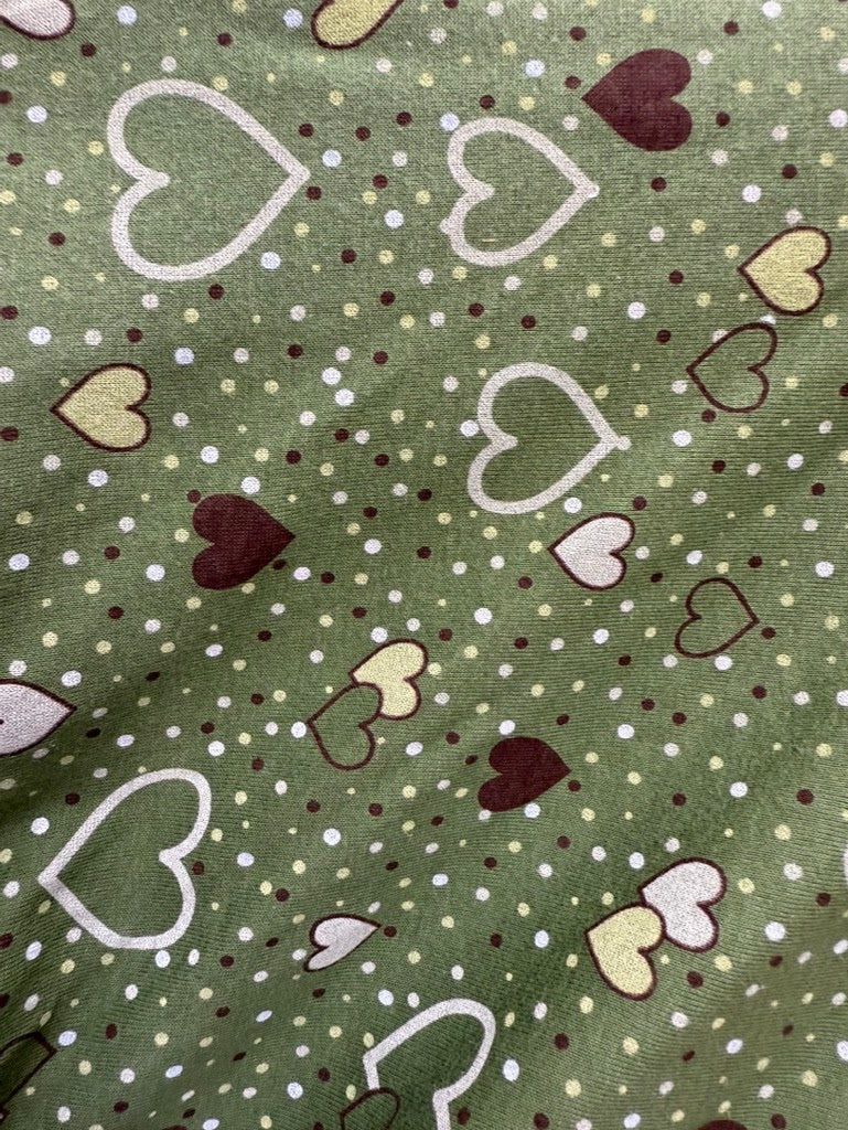 Green Yellow White Brown Hearts Dots Vintage Cotton Jersey Knit "Pop Heart Parade"
