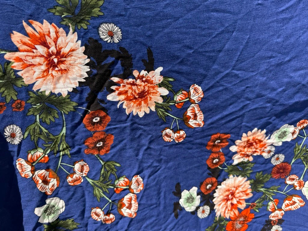 Blue Red Pink White Green Floral Textured Rayon Challis Woven "Dahlia's Resort"