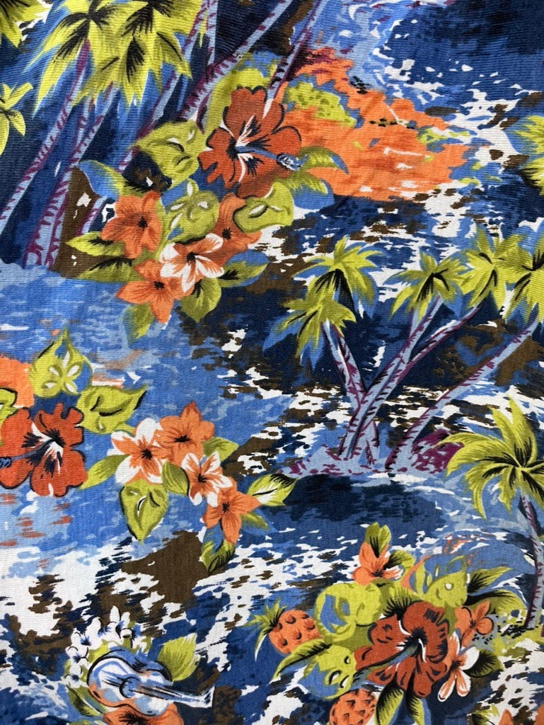 Orange Blue White Green Black Brown Floral Resort Palm Tree Vintage Cotton Jersey Knit Blue Tide Tropic"