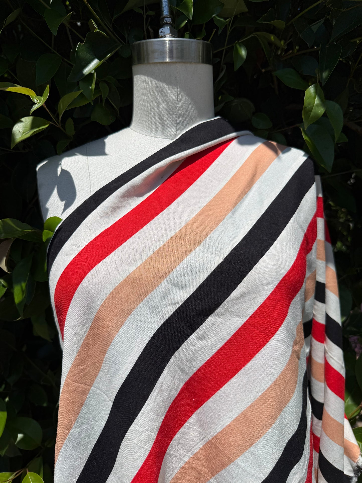 White Red Coral Black Vertical Stripe Rayon Challis Woven "Coral Chic"