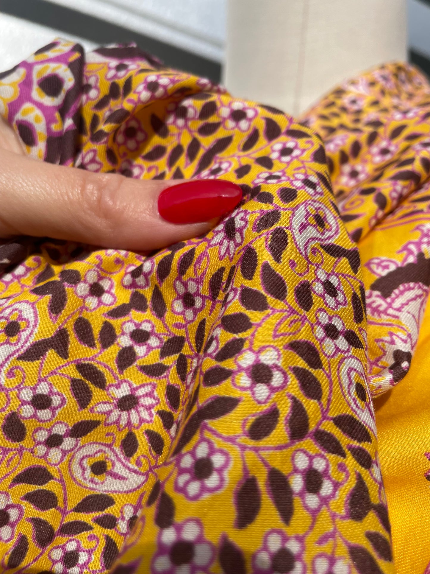 Silk Cotton Voile Yellow Magenta Paisley Panel "Spring Chick"