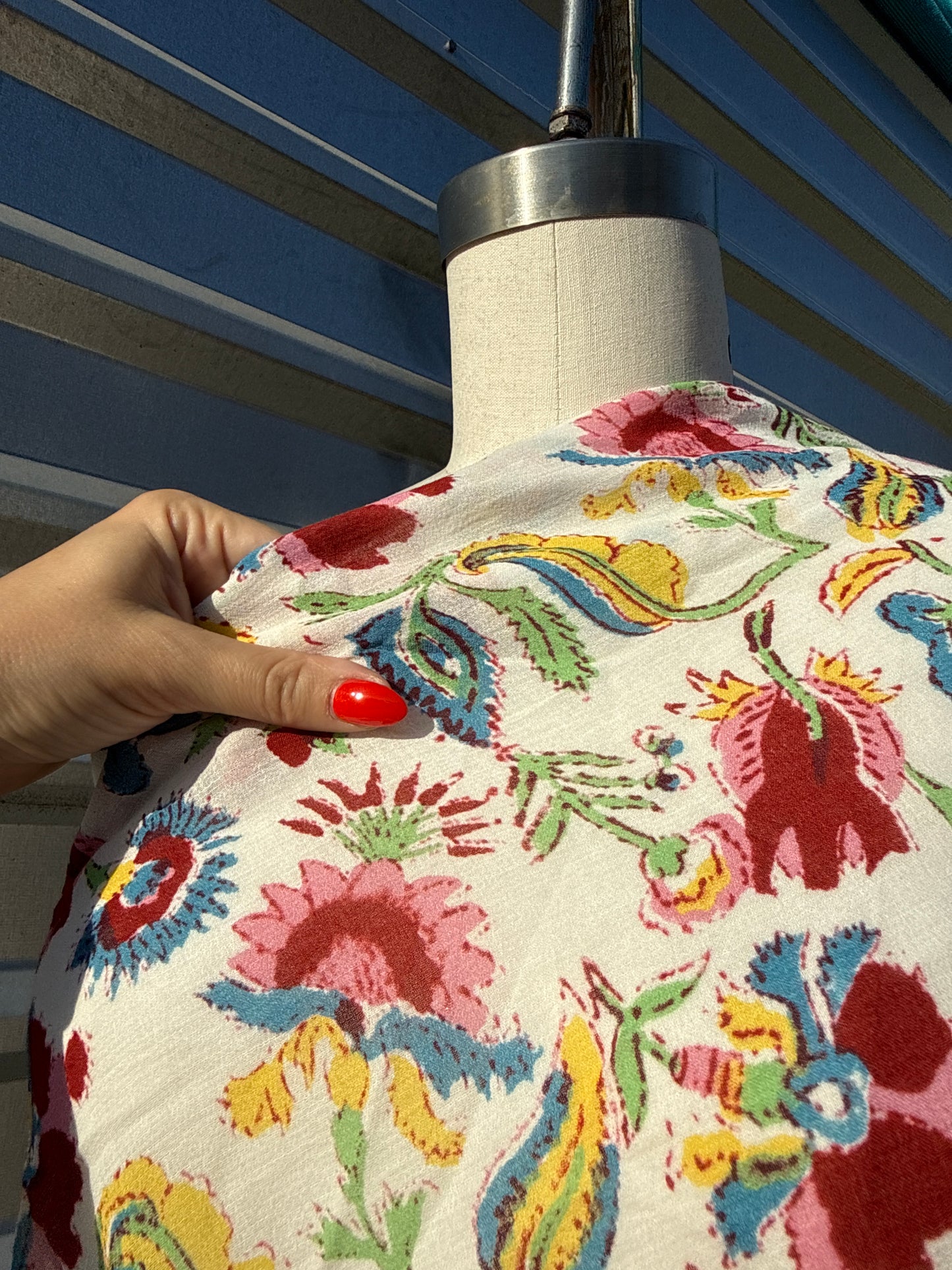 White Pink Yellow Green Floral Paisley Flower Print Cotton Gauze Woven "Dawn in Bali"