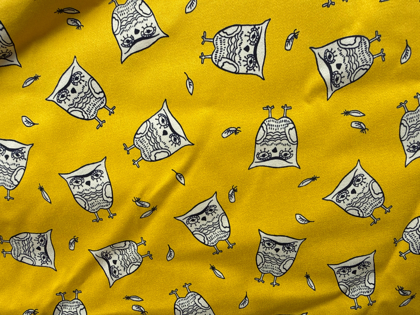 Yellow White Owl Print Cotton Spandex Sateen Woven "Life's a Hoot"