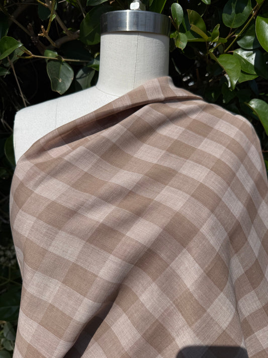 Brown Tan Plaid Gingham Cotton Voile Woven "Teddy Bear Picnic"