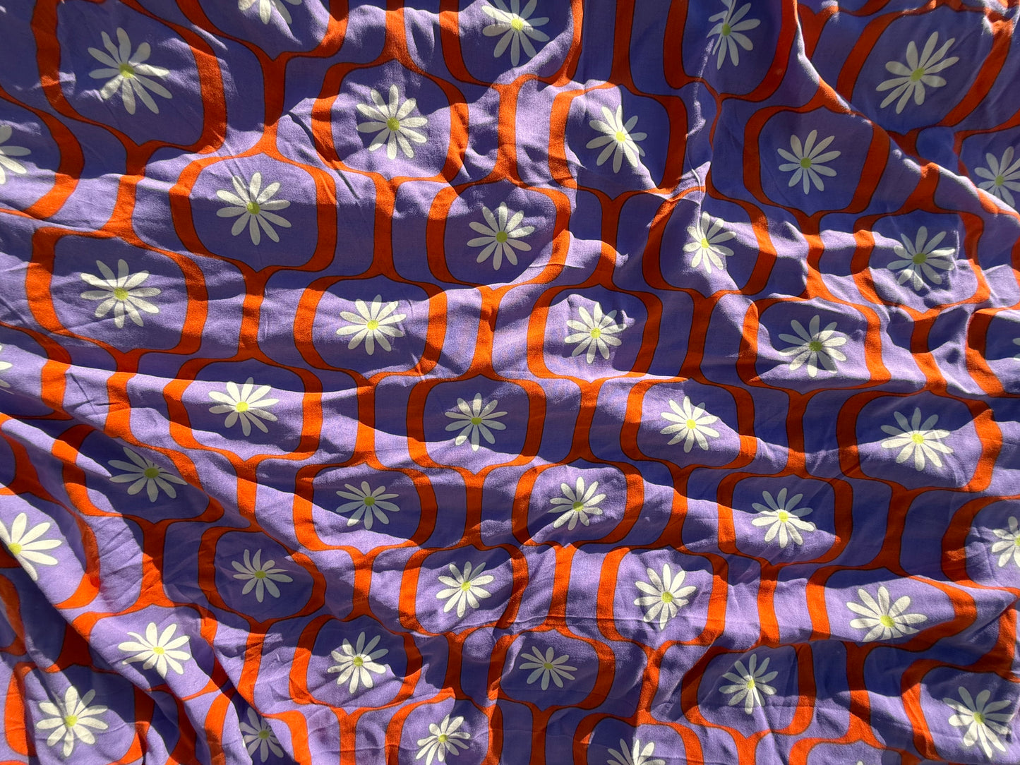Purple Orange White Daisy Retro Rayon Challis Woven “Daisy Show”