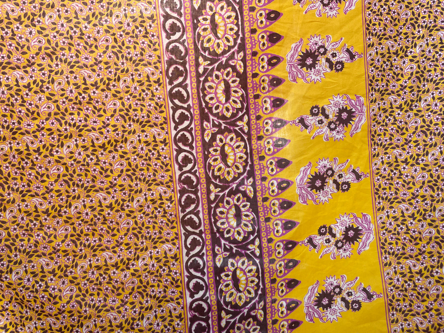 Silk Cotton Voile Yellow Magenta Paisley Panel "Spring Chick"