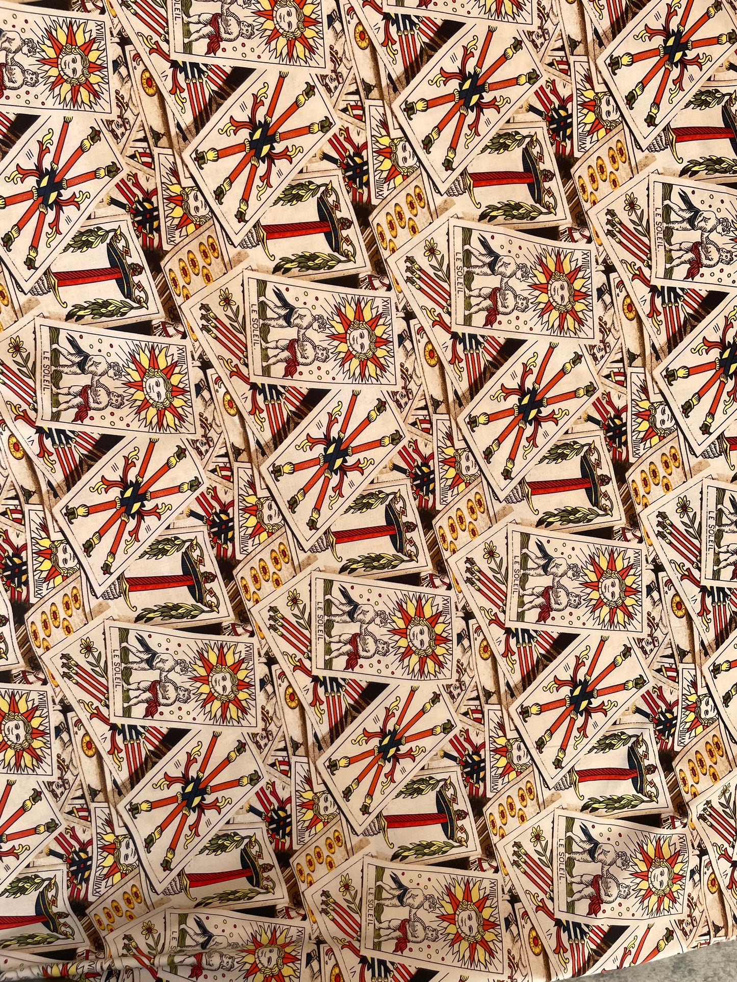 Cream Red Yellow Vintage Tarot Card Cotton Sateen Woven “In the Cards”