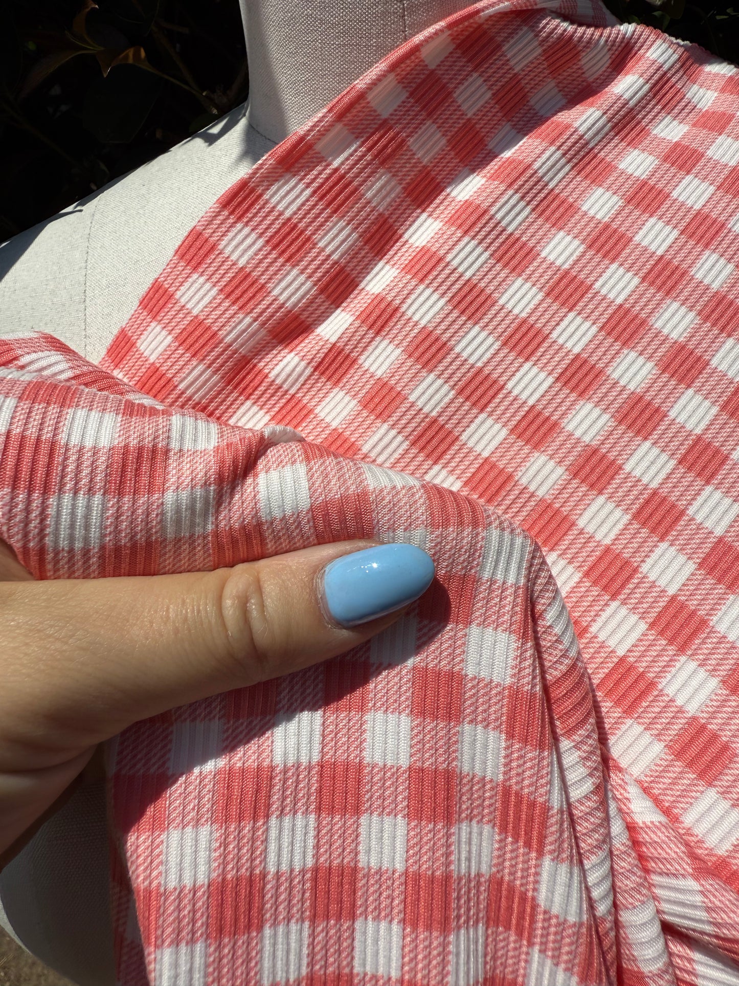 Pink White Gingham Plaid 2x1 Rib Polyester Spandex Rib "Watermelon Lemonade"