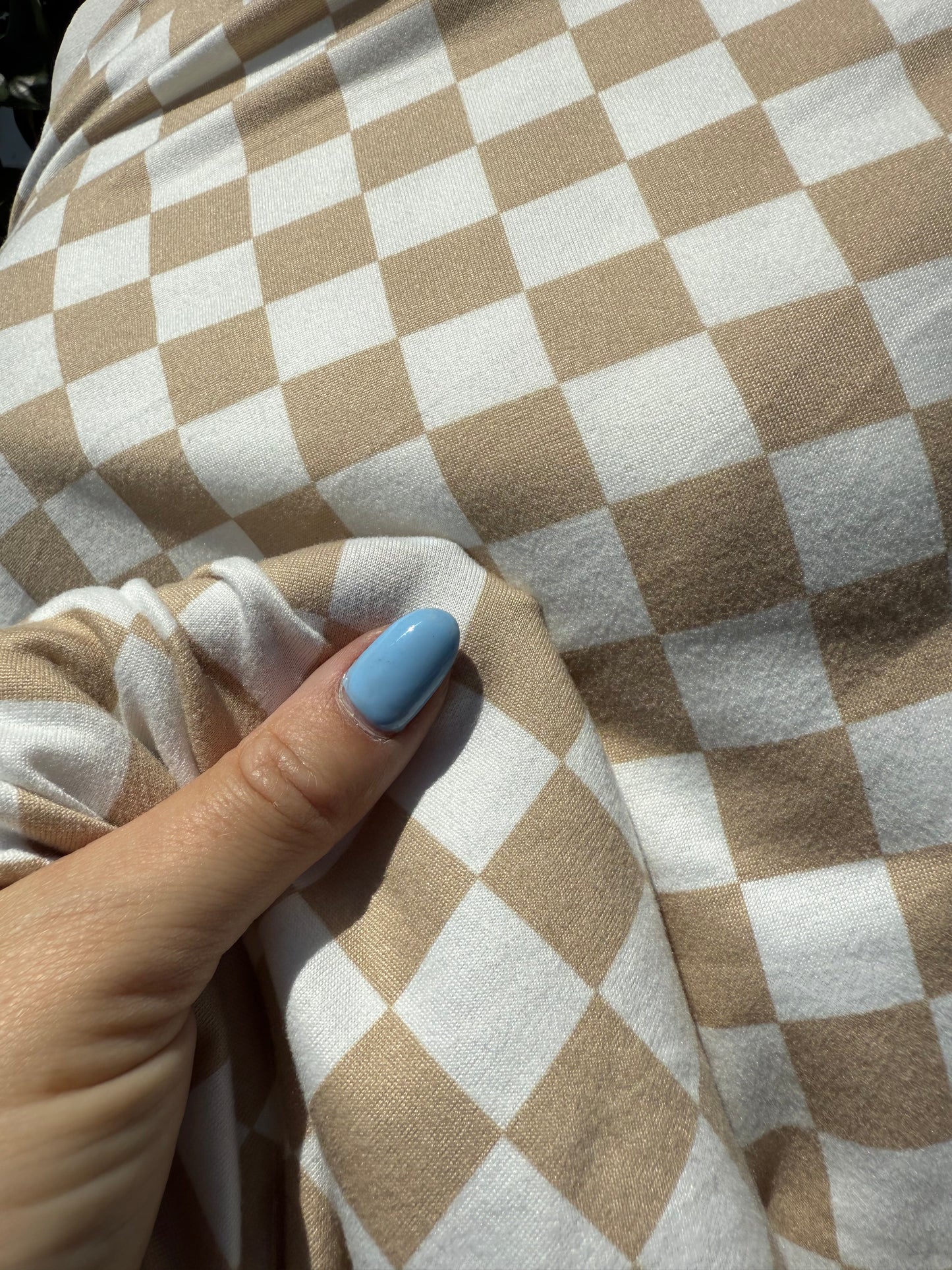 White Beige Checker Plaid Polyester Spandex "Casual Checkers"