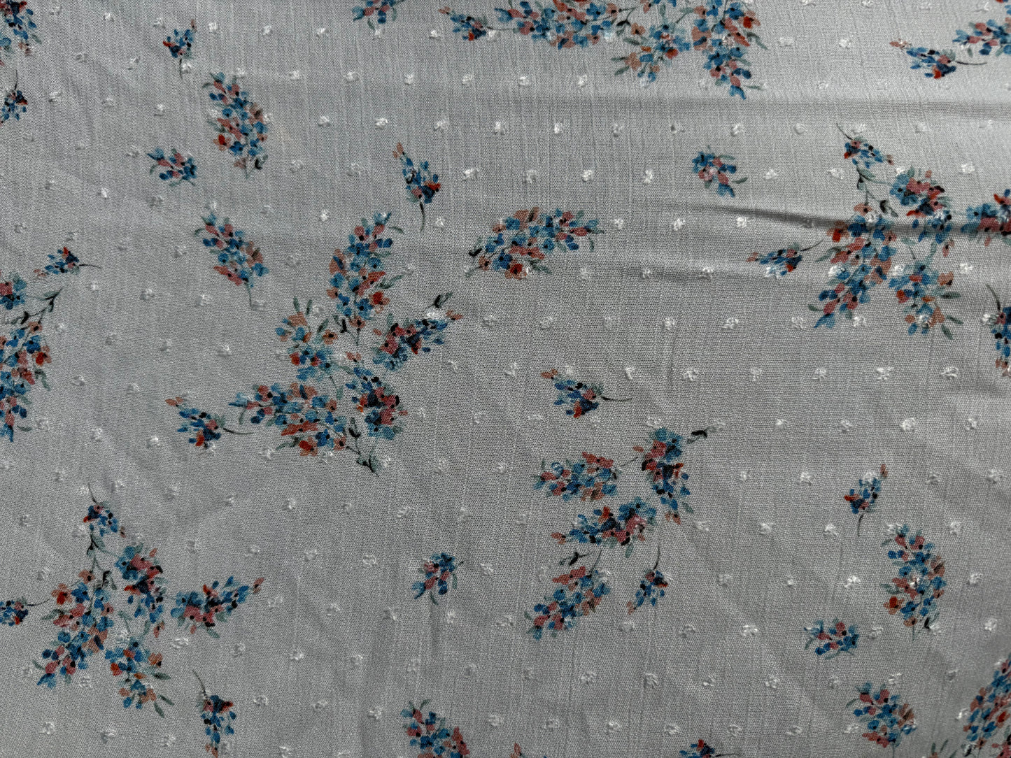 White Blue Pink Floral Swissdot Rayon Crepe Woven "Blanca Blooms"