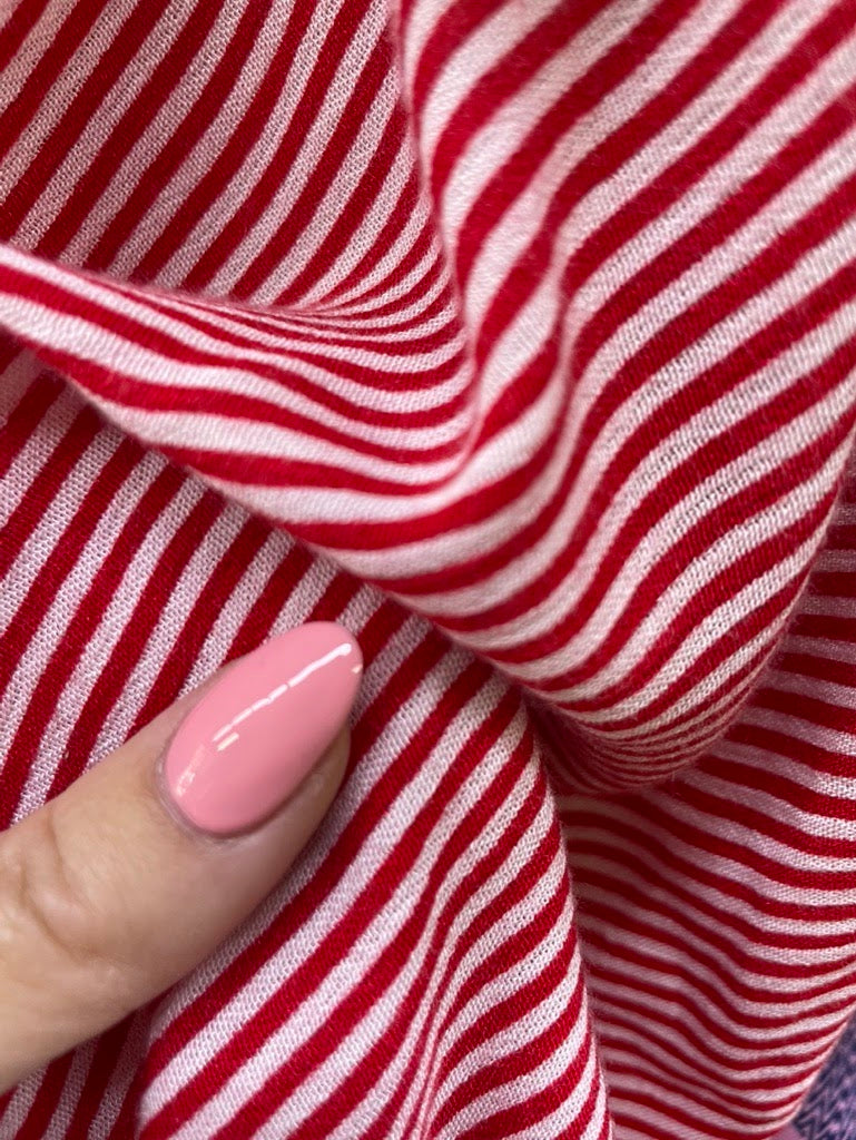 Red White Vertical Stripe Rayon Crepe Woven "Peppermint Stripe"