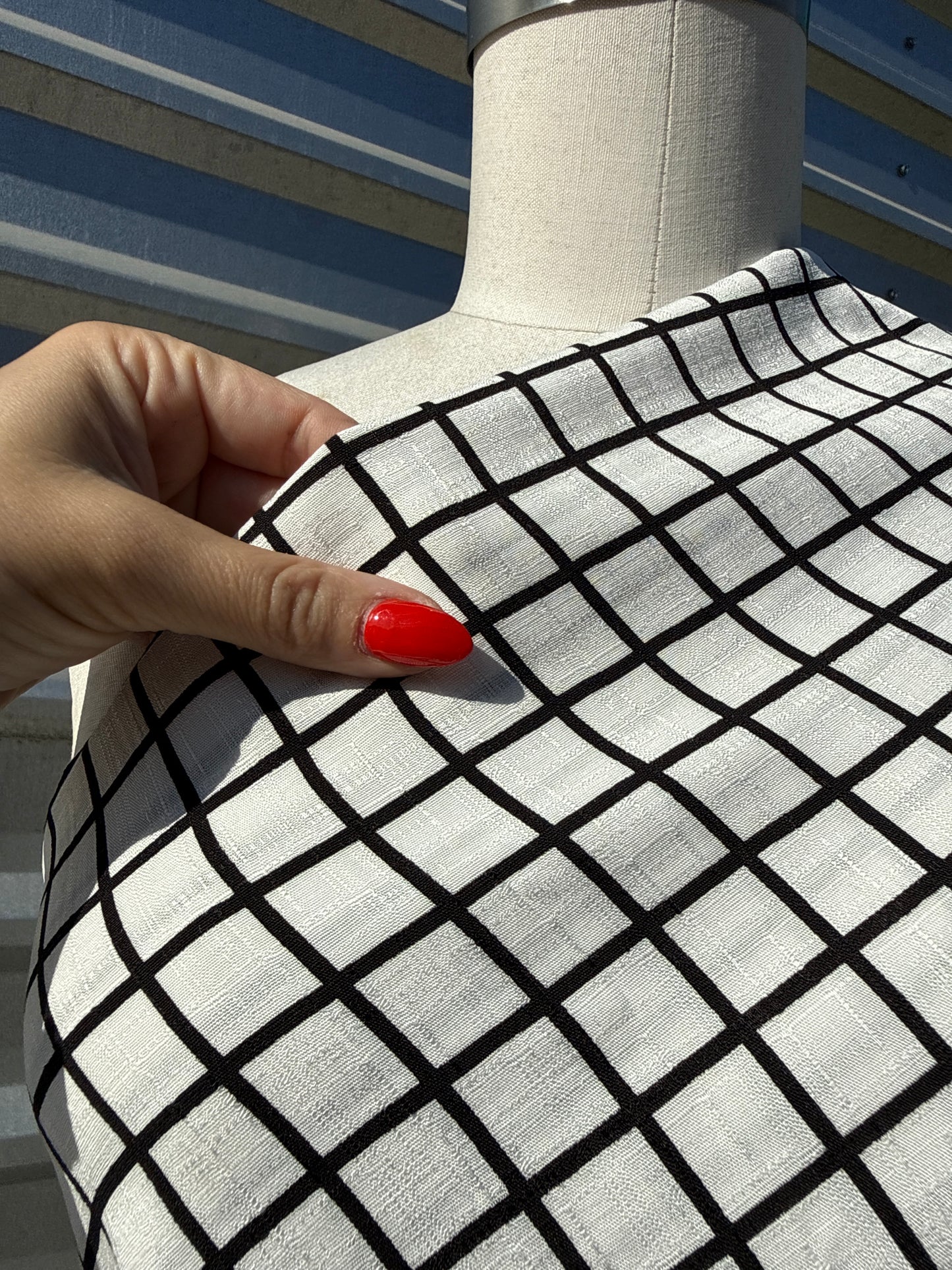 White Black Grid Square Print Rayon Crepe Woven "Plotting Grid"