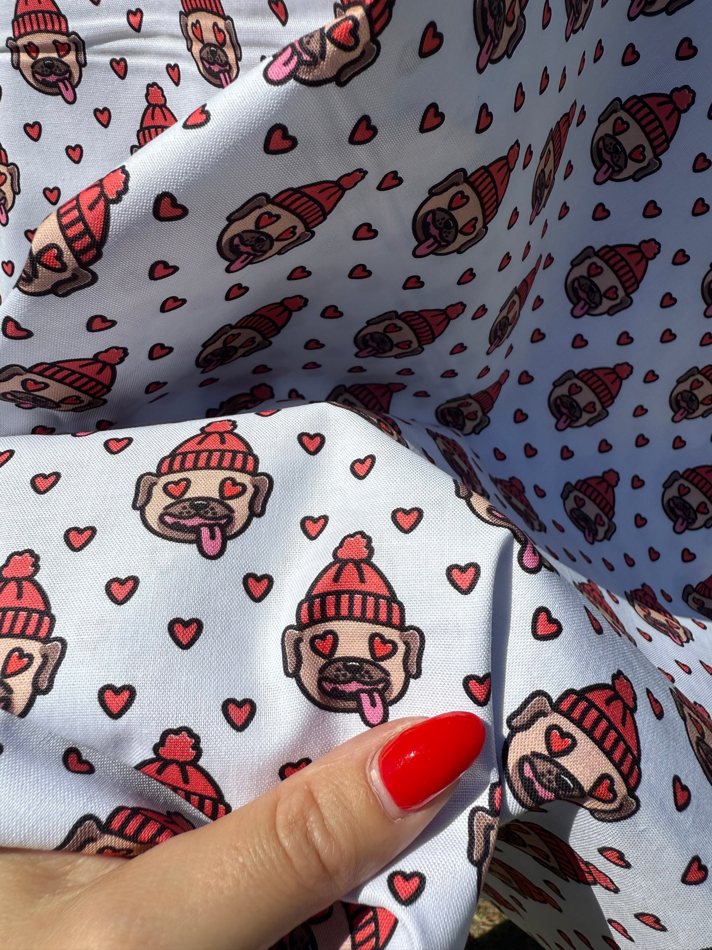 Pug Heart Eyes with Beanie Print Cotton Poplin Quilting "Best Beanie Boy"