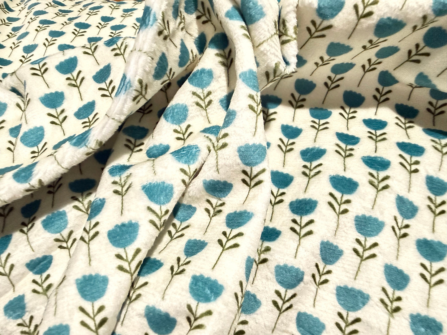 White Blue Floral Ditsy Print Minky Polyester "Tulip Cutie”