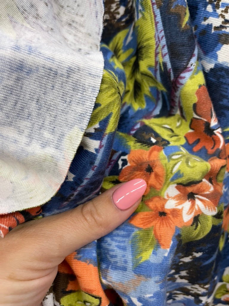 Orange Blue White Green Black Brown Floral Resort Palm Tree Vintage Cotton Jersey Knit Blue Tide Tropic"