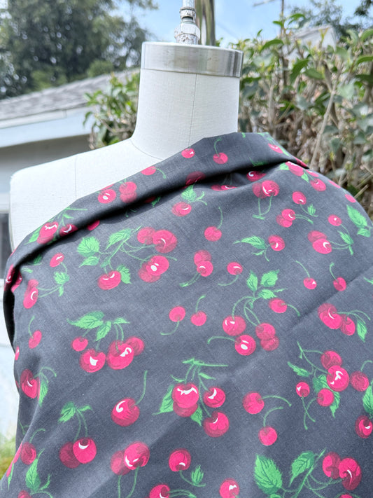 Black Red Green Cherry Print Vintage Cotton Poplin “Red as a Cherry”