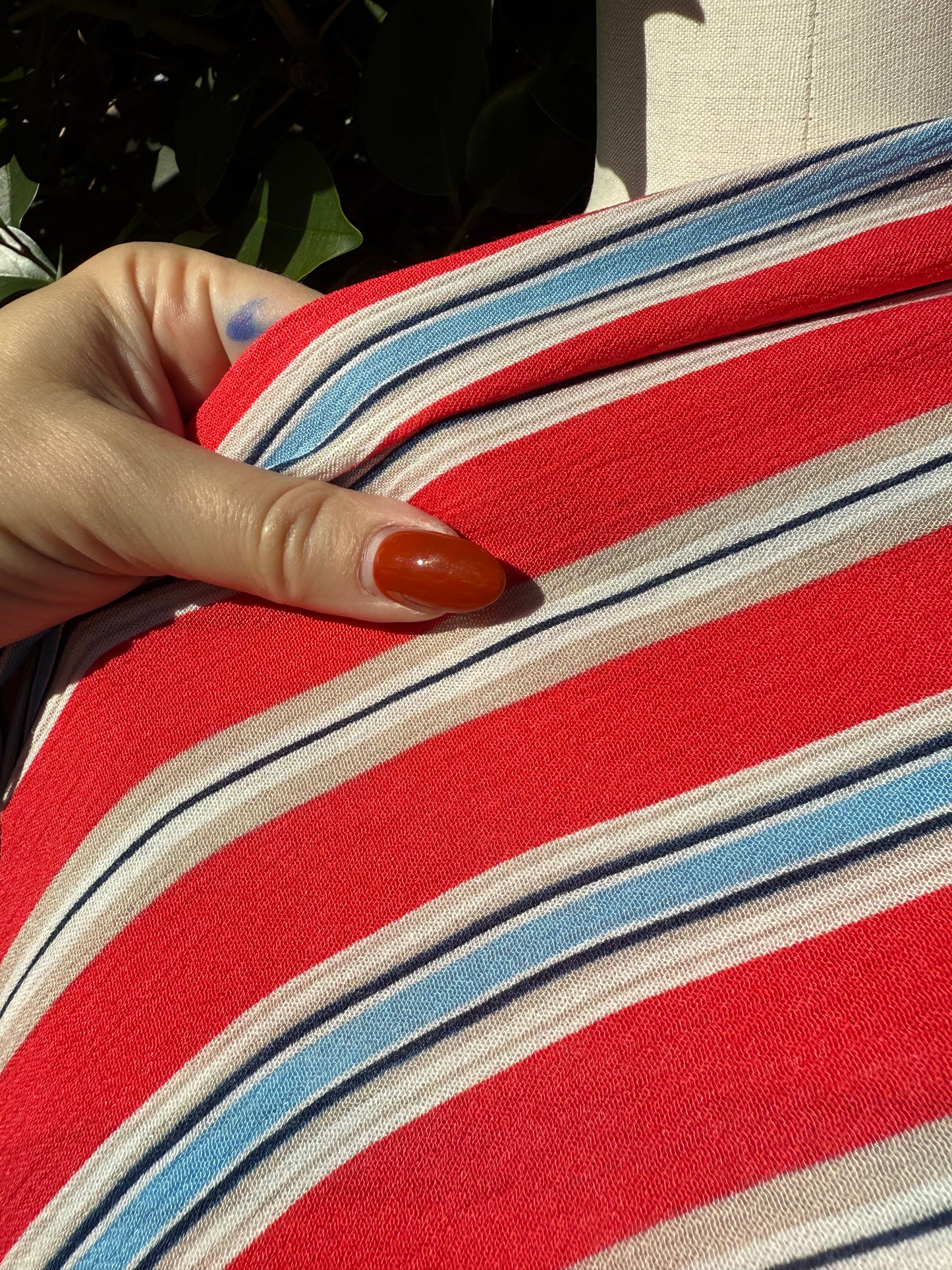 Coral Red Blue Tan Stripe Rayon Crepe Woven "Soda Shop "