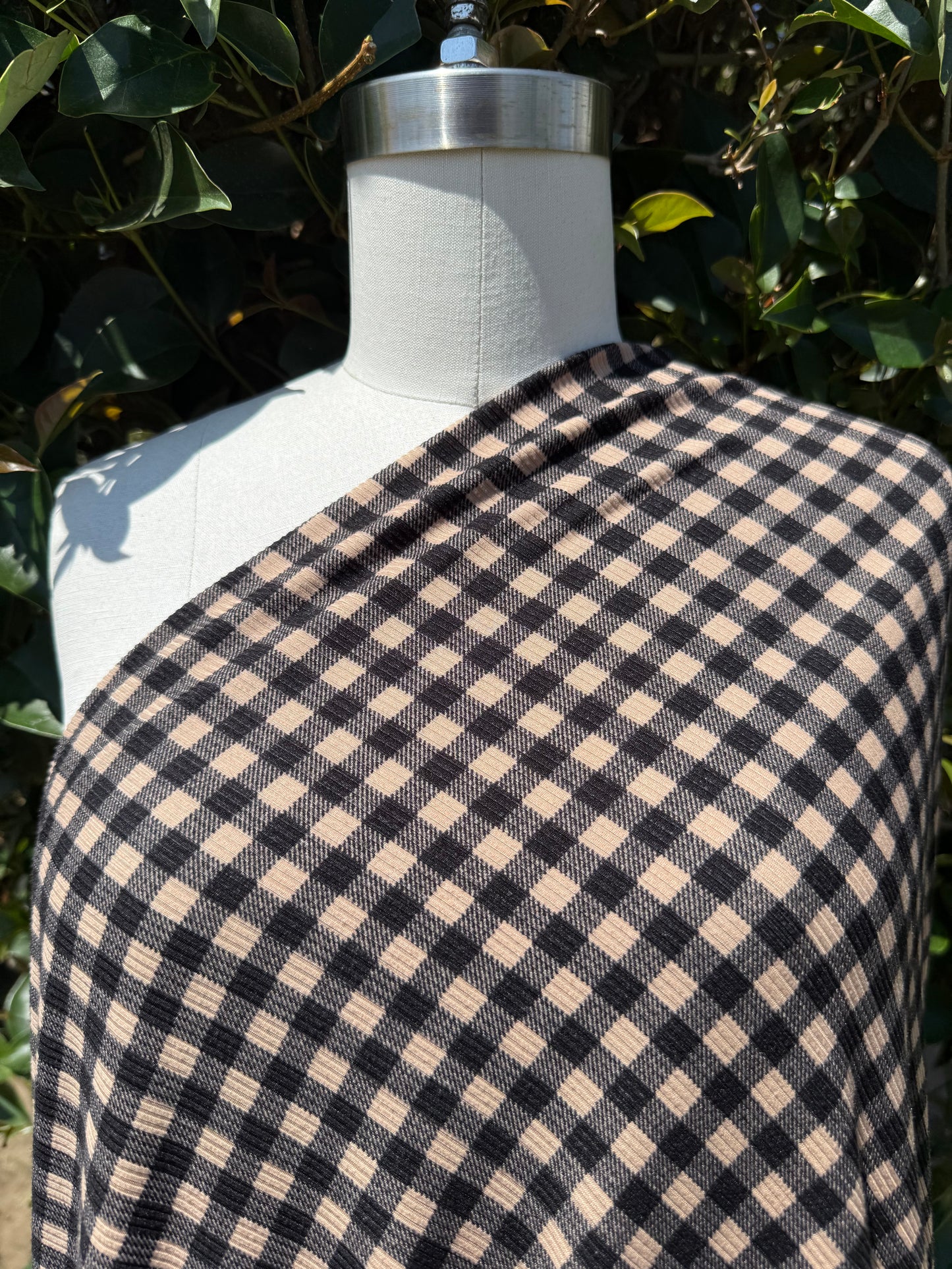 Black Beige Gingham Plaid 2x1 Rib Polyester Spandex Rib "Colorado Cozies"