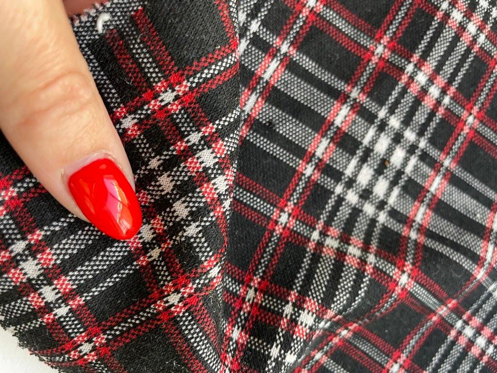 Black Red White Plaid Polyester Spandex Ponte Knit "Skater Girl"