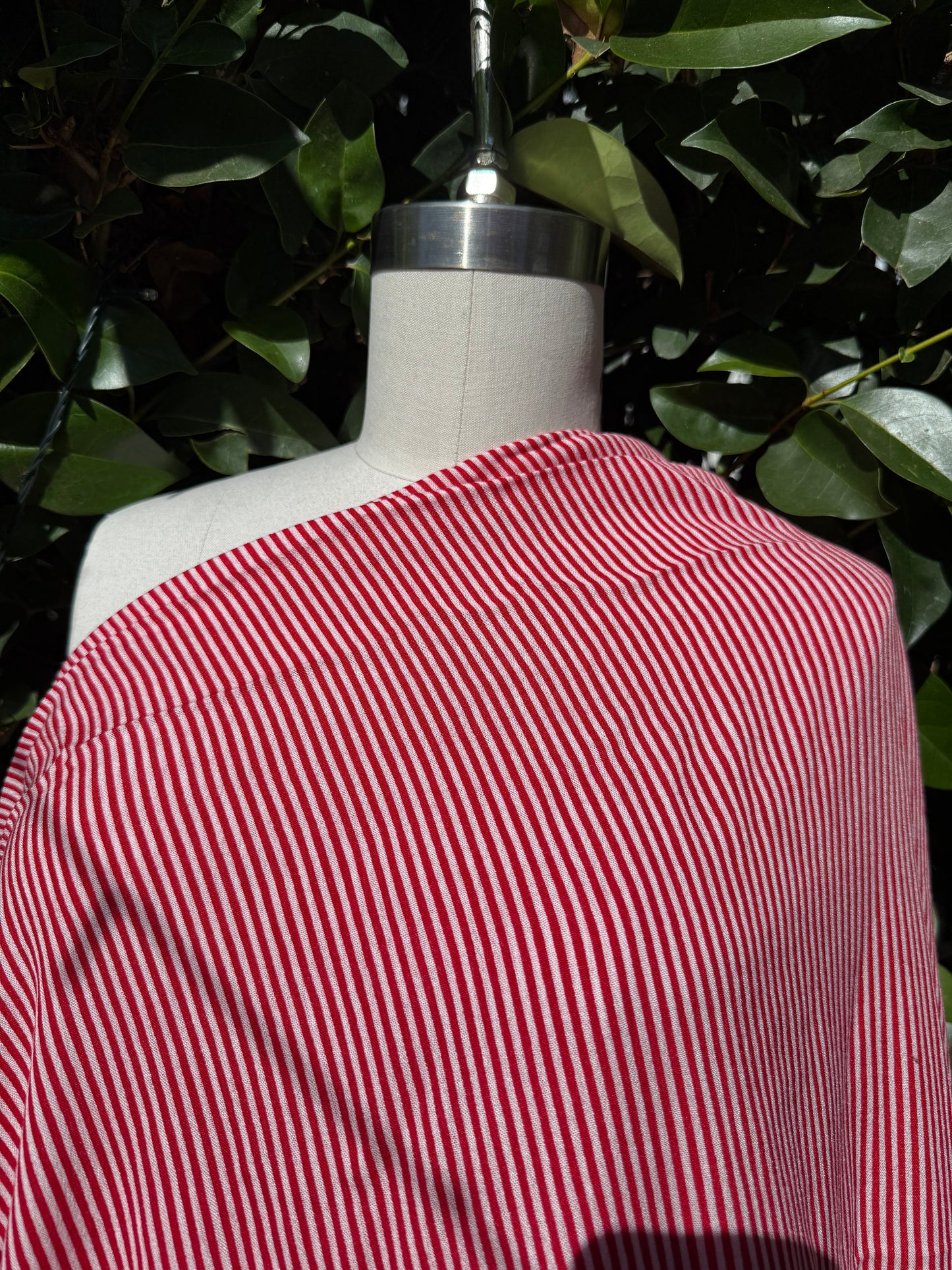 Red White Vertical Stripe Rayon Crepe Woven "Peppermint Stripe"