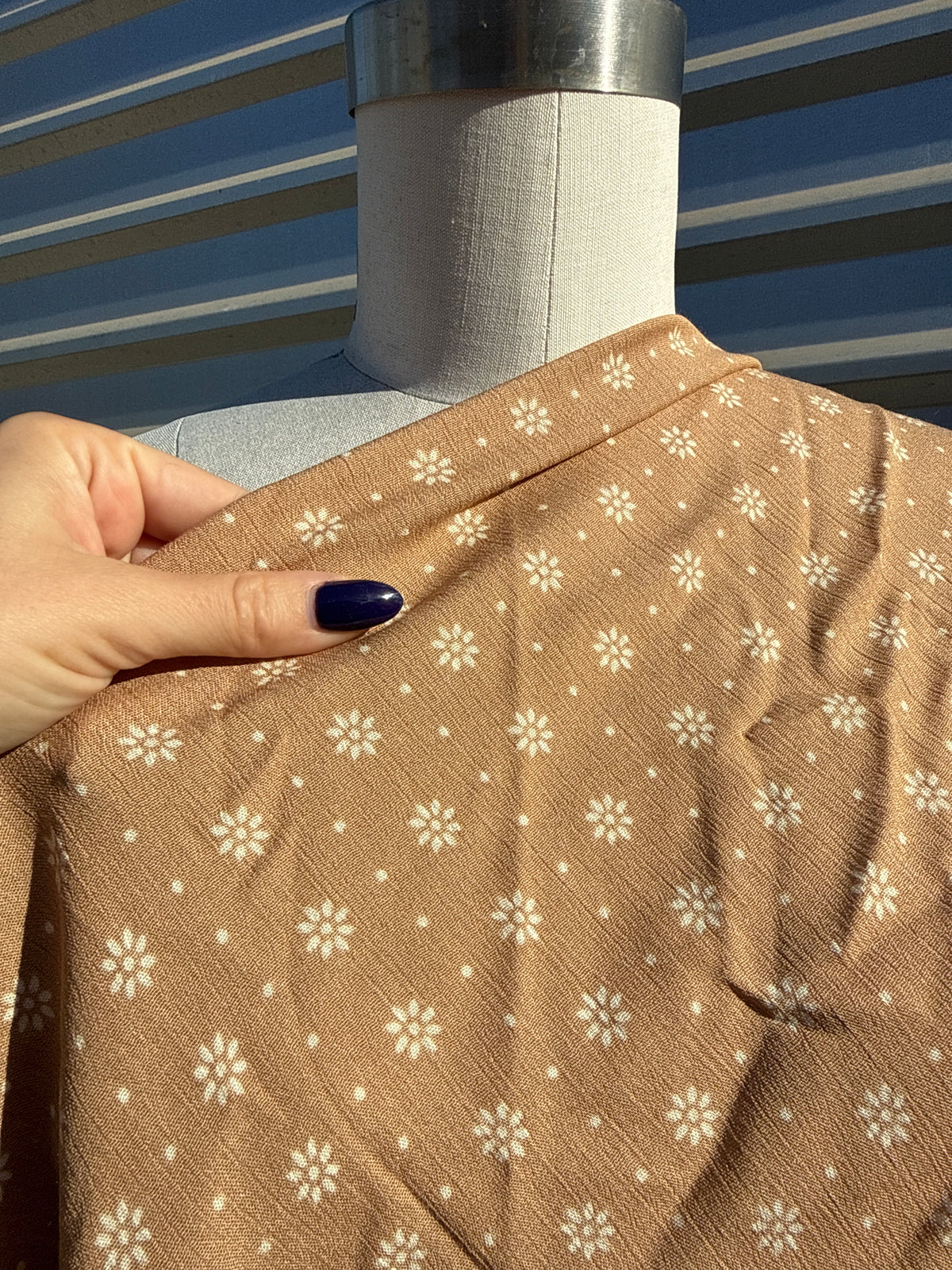 Taupe Tan White Minimal Floral Dot Print Rayon Crepe Woven "Clementine"