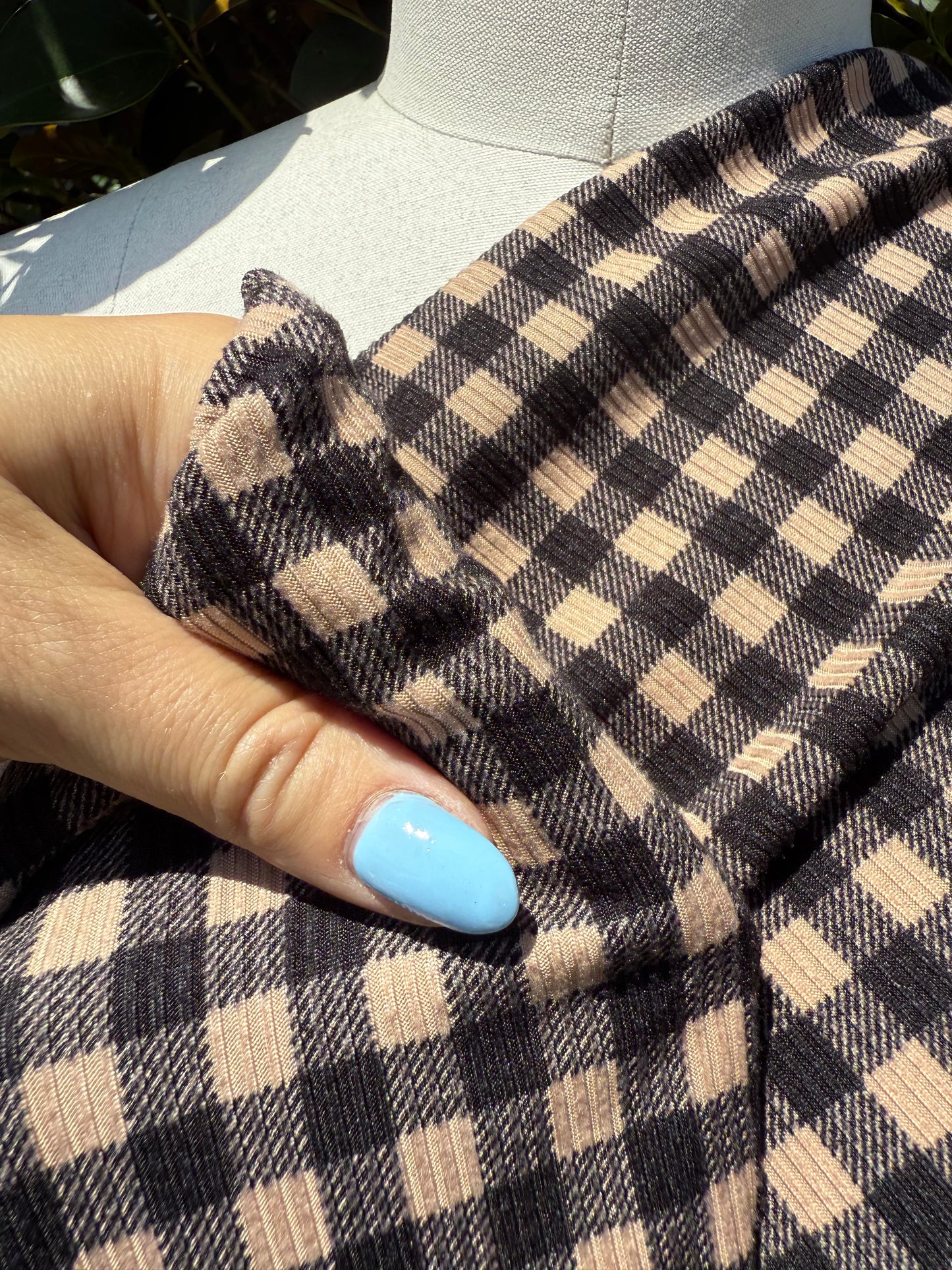Black Beige Gingham Plaid 2x1 Rib Polyester Spandex Rib "Colorado Cozies"