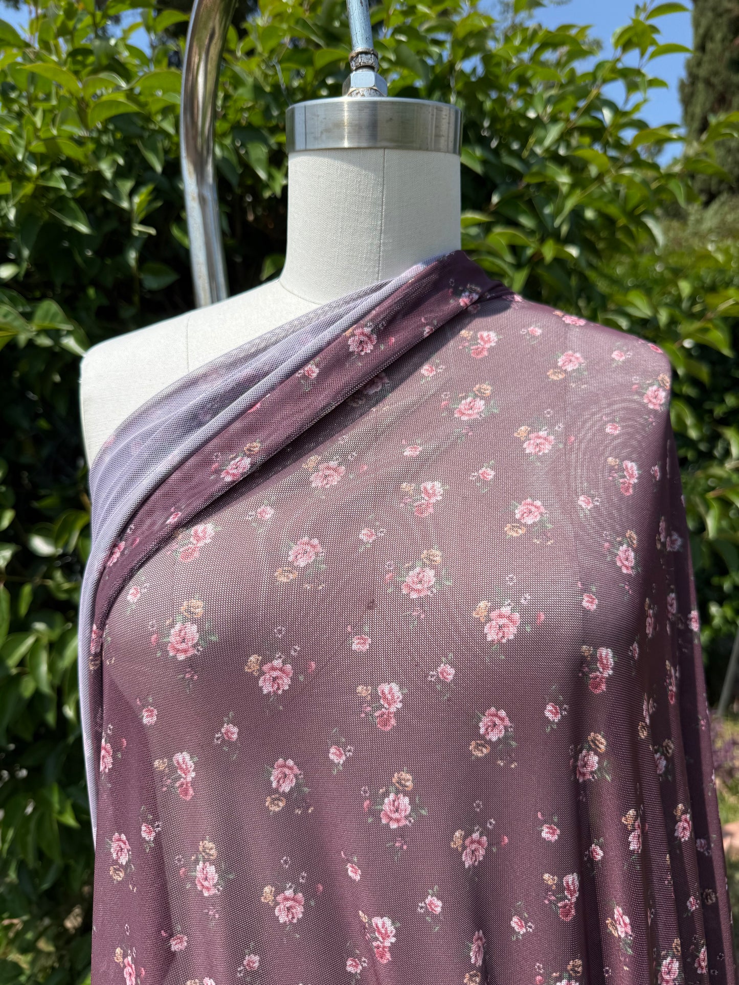 Burgandy Yellow Pink Green Floral Mesh Polyester Spandex Knit "Vintage Rose Veil"