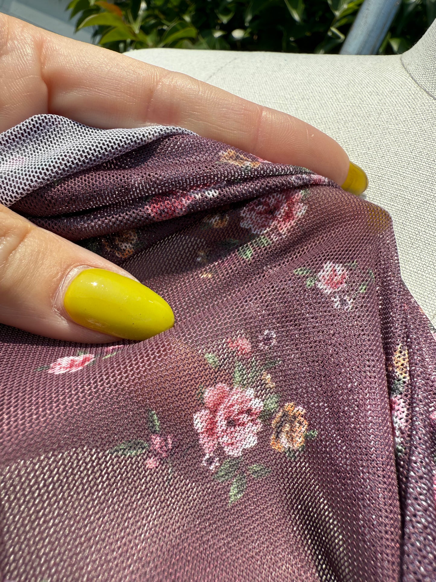 Burgandy Yellow Pink Green Floral Mesh Polyester Spandex Knit "Vintage Rose Veil"