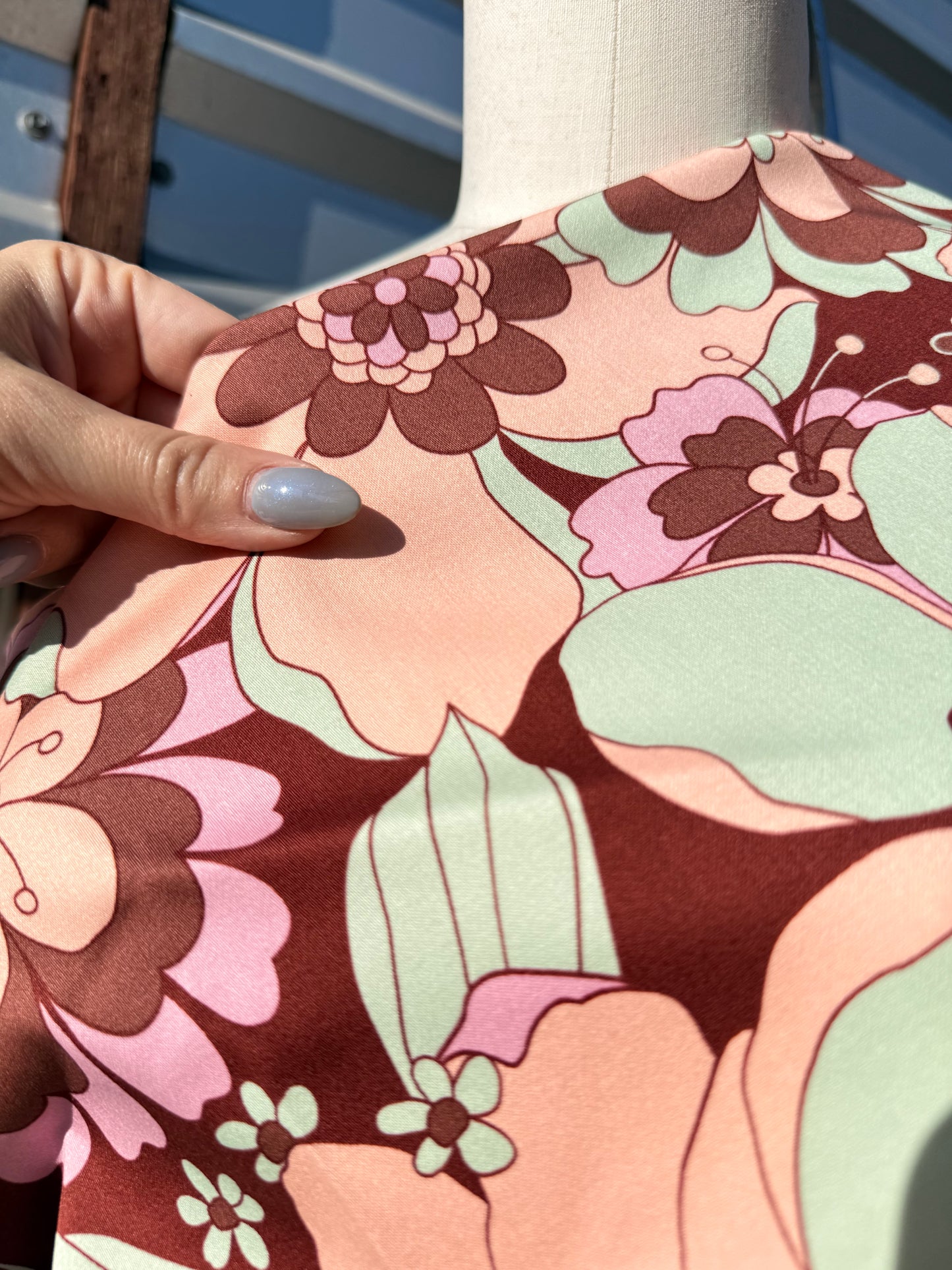 Pink Mint Green Brown Retro Floral Cotton Spandex Sateen "Chic Blooms"