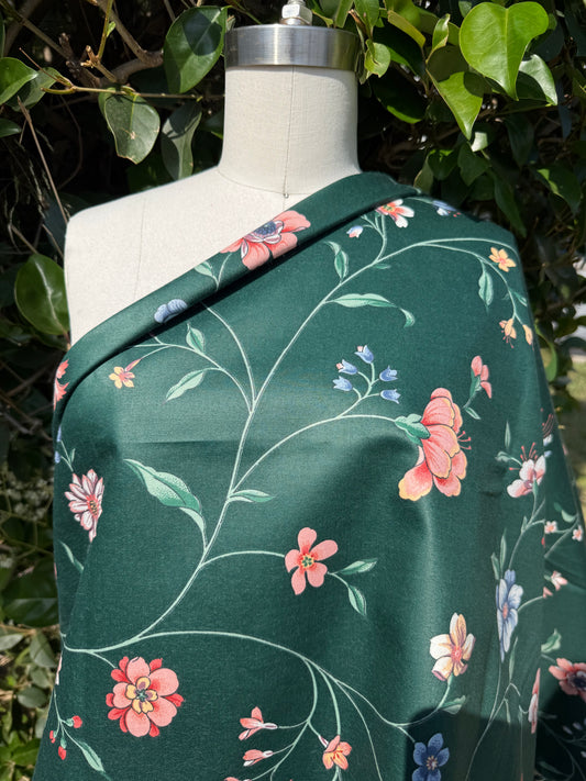 Green Pink Vine Floral Print Vintage  Coated Cotton Polyester Poplin Cottage Core "Connie's Garden"