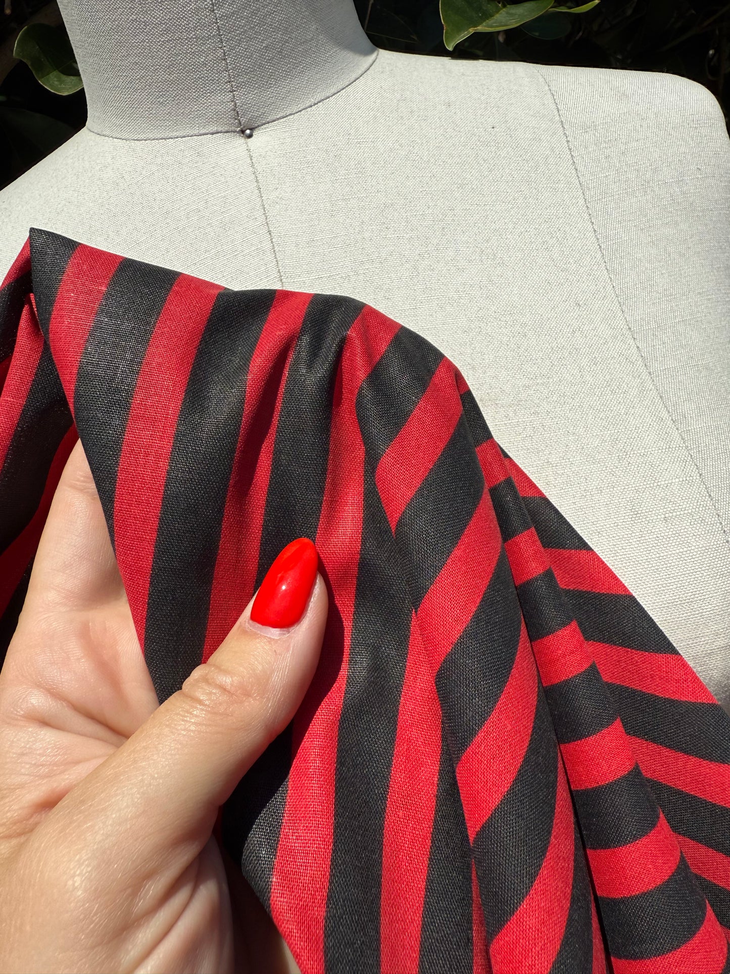 Black Red Vertical Stripe Cotton Polyester Poplin Vintage Fabric "76' NYC"