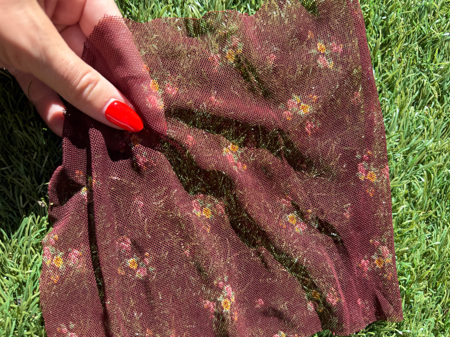 Burgandy Yellow Pink Green Floral Mesh Polyester Spandex Knit "Vintage Rose Veil"