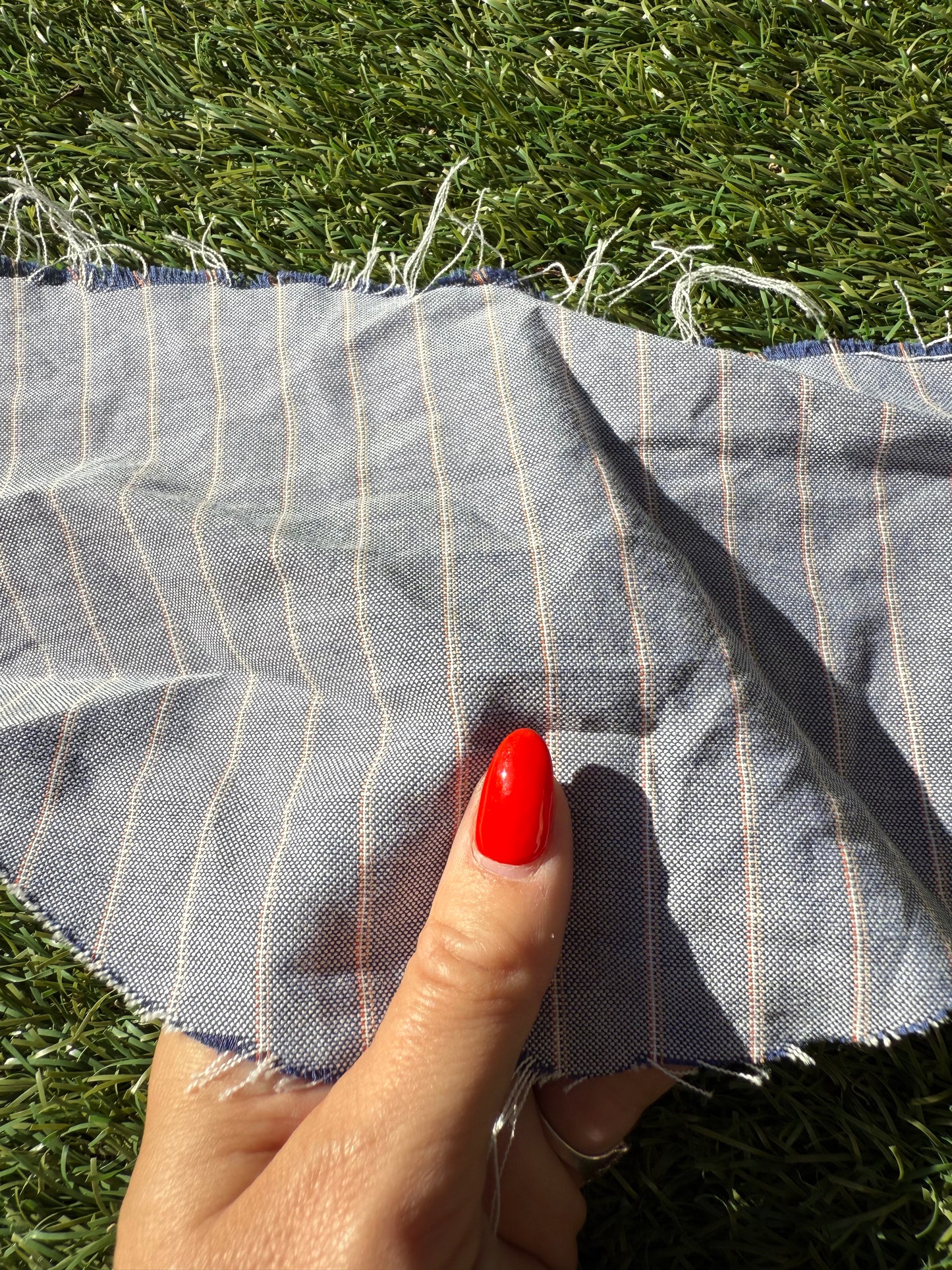 White Orange Blue Stripe Cotton Oxford Chambray Woven "Saddle Stitch"