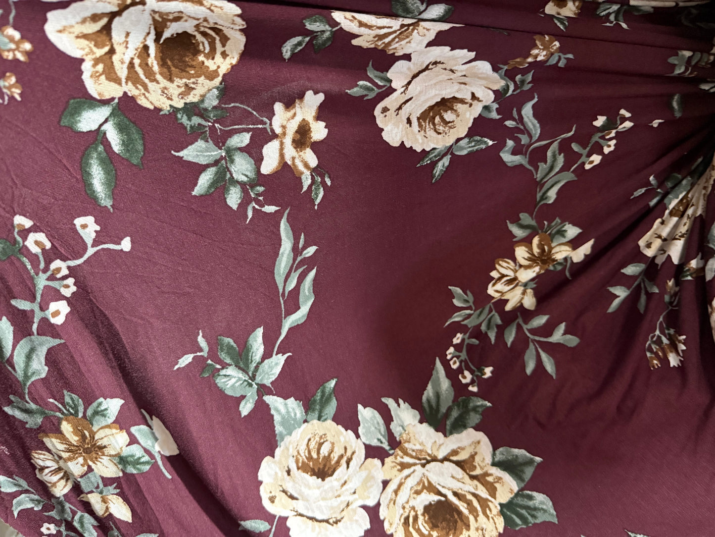 Burgundy Ivory Rose Floral Rayon Spandex Jersey Knit "Moody Rose"